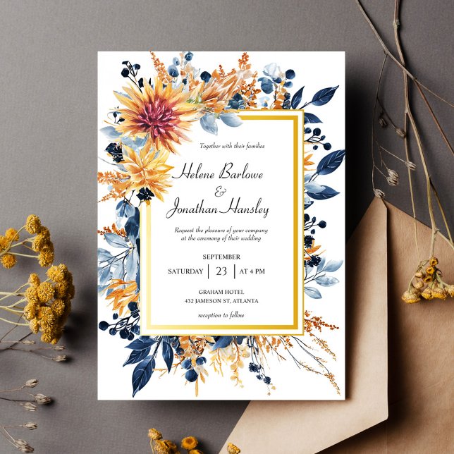 Blommigten Rustic Bröllop vid Eleganten Terracotta Inbjudningar (Navy Terracotta Rust Elegant Floral Rustic Wedding Invitation)