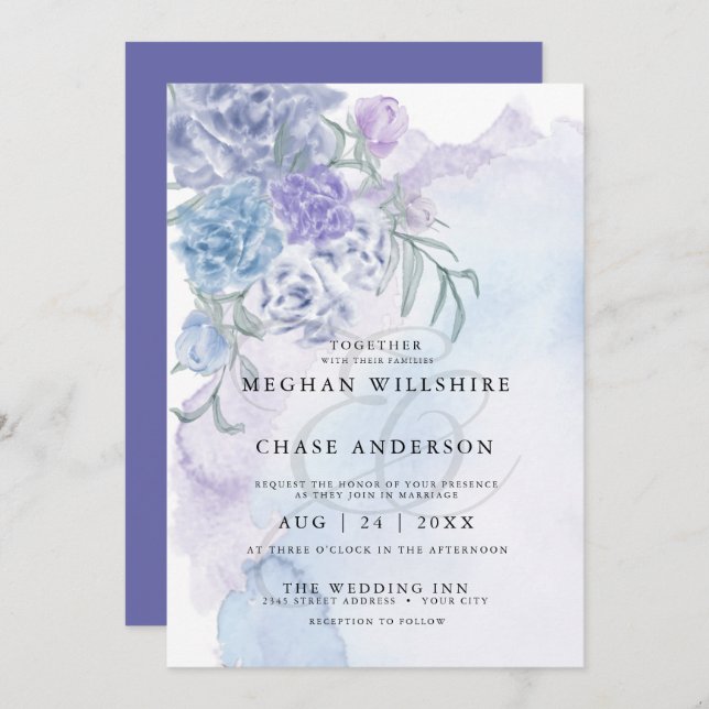 Blommigten Rustic Dusty Blue Watercolor Inbjudningar (Fram/baksida)