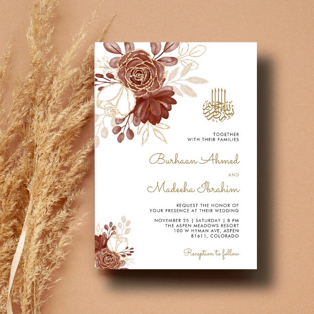 Blommigten Rustic Guld Muslim Bröllop Inbjudningar (Skapare uppladdad)