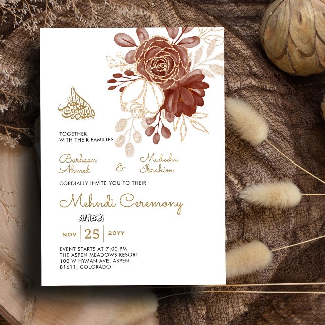Blommigten Rustic Guld Muslim Mehndi Inbjudningar (Skapare uppladdad)