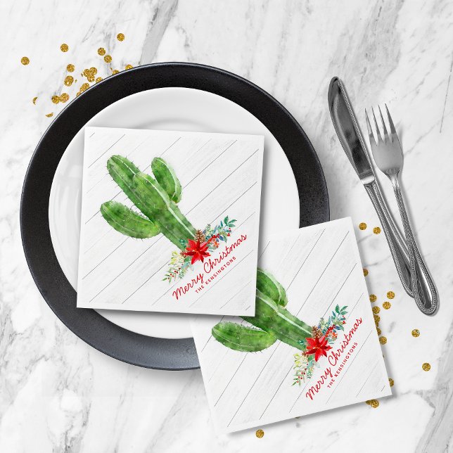 Blommigten Rustic julcactus Wood Helgdag Pappersservett (Rustic Christmas Cactus Wood Holiday Floral Napkins)
