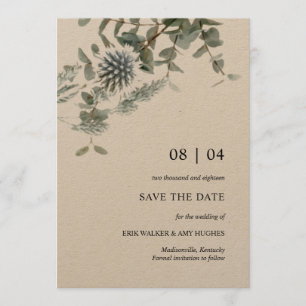Blommigten Rustic Kraft Blue Thistle Spara datum Inbjudningar