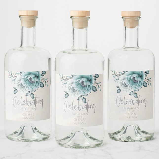 Blommigten Rustic Teal och Alabaster Peony Spritflaskor Etikett (Flaskor)