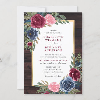 Blommigten Rustic Wood Navy Blue Burgundy Guld Inbjudningar