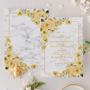Blommigten Rustik Gult Marble Script Bröllop Inbjudningar