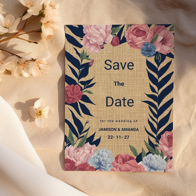 Blommigten Rustik rosa i marinblått elfenben Spara Inbjudningar (Rustic ivory navy blue pink floral Save The Date)