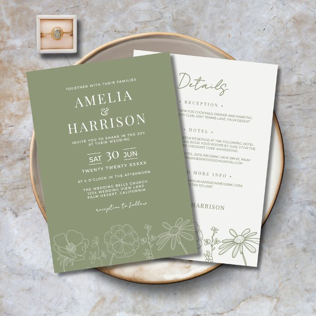 Blommigten Sage Grönt allt på en Elegant bröllop Inbjudningar (Sage Green Floral All-In-One Elegant Wedding Invitation with Line Art Flowers, Details on the Back.)