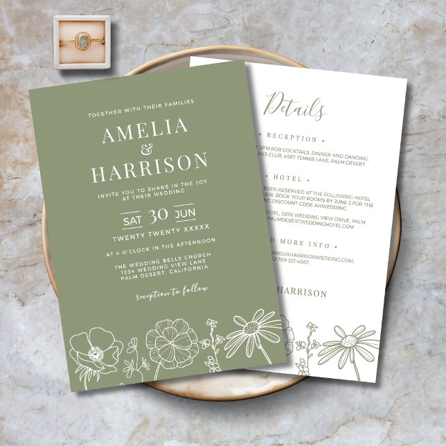 Blommigten Sage Grönt allt på en Elegant bröllop Inbjudningar (Sage Green Floral All In One Elegant Wedding Invitation with Details, RSVP, Reception, Hotel on back)