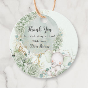 Blommigten Sage Grönt Elephant Baby Shower Neutral Gåvor Etiketter