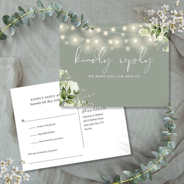 Blommigten Sage Grönt String Ljus Sång Request OSA Inbjudan Vykort (Sage Green Floral String Lights Song Request RSVP Invitation Postcard)