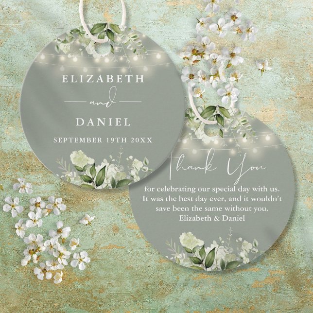 Blommigten Sage Grönt String Ljus Tack Bröllop Gåvor Etiketter (Sage Green Floral String Lights Thank You Wedding Favor Tags)