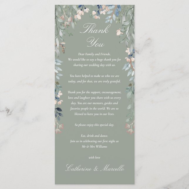 Blommigten Sage Grönt Tack Bröllop Place Card Meny (Framsida)