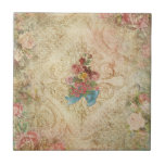 Blommigten Shabby Vintage Kakelplatta<br><div class="desc">Bouquet av blommor och rosett band på en grunggrädddammbakgrund med graverade florentinsnurrar och ro och lätt präglat struktur.</div>