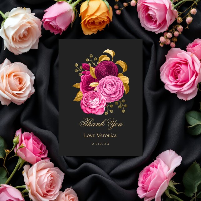 Blommigten shock rosa och Guld Tack Kort (Hot Pink and Gold Floral Thank You Card)