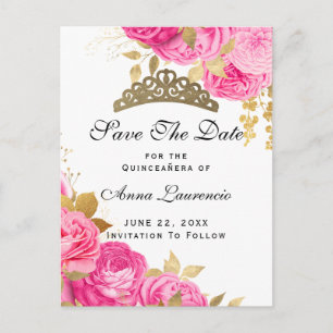Blommigten Shock rosa Quinceanera Spara datum Vykort