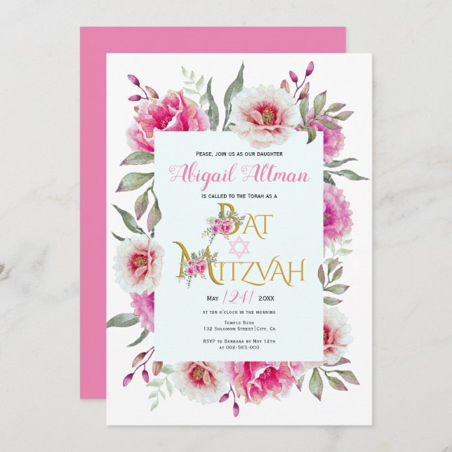 blommigten shock rosa vattenfärgsblommor Bat mitzv Inbjudningar (Fram/baksida)