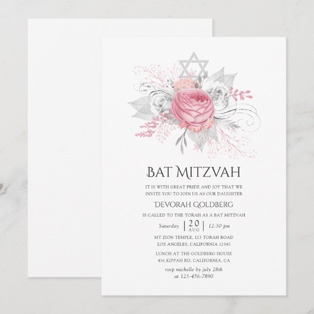 Blommigten Silver och Rosa i öster Bat mitzvah Inbjudningar (Fram/baksida)