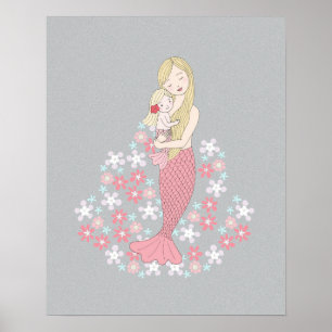 Blommigten sjöjungfru Mamma och Flicka Blonde sjöj Poster