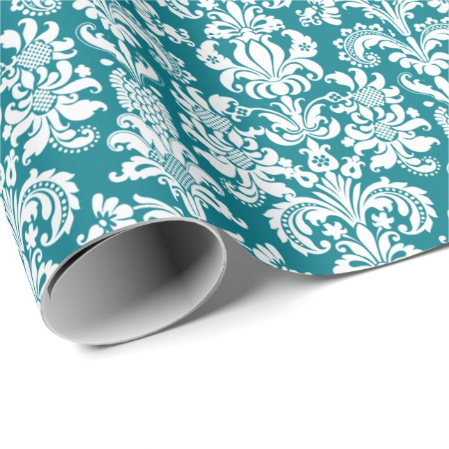 Blommigten Skador för Peacock Grönt - vit bakgrund Presentpapper (Rullad Hörn)