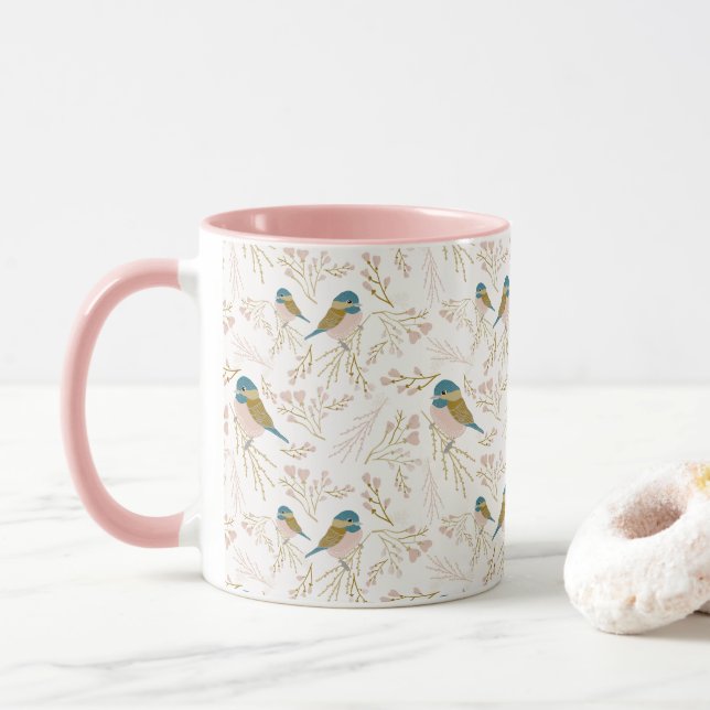 Blommigten Skriv ut Cute Rosa Guld Chickadee Heart Mugg (Med munk)