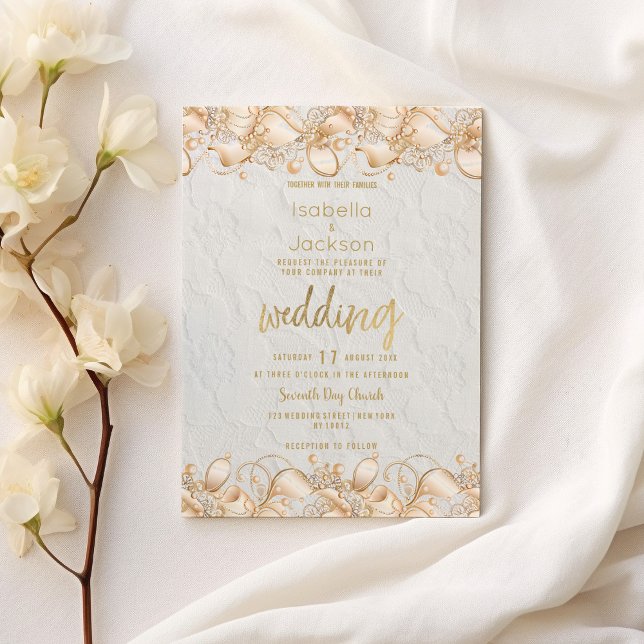 Blommigten snöre Bröllop i den lyxiga vita guld-fr Inbjudningar (Luxury white gold french floral lace Wedding )