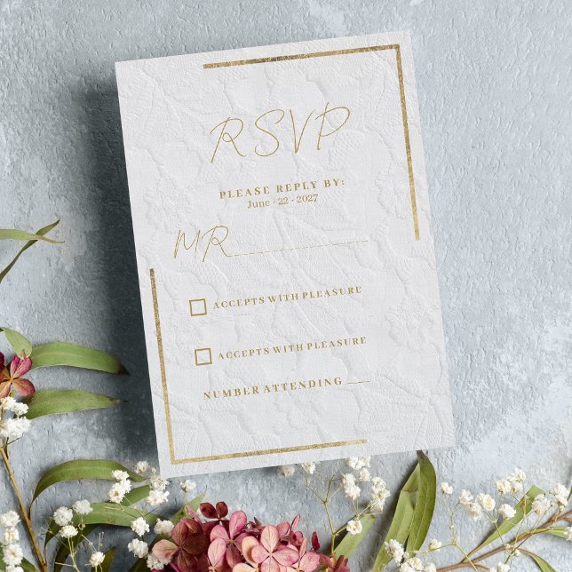 Blommigten snöre Bröllop OSA i den lyxiga vita gul Inbjudningar (Luxury white gold french floral lace Wedding RSVP )