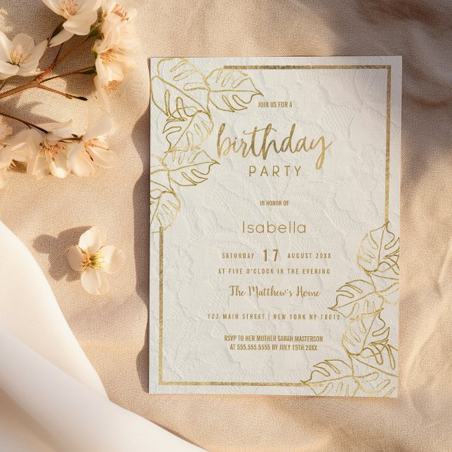 Blommigten snöre i Luxyvit guld fransk  Inbjudningar (Luxury white gold french floral lace Birthday Invitation)