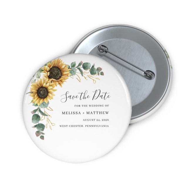 Blommigten Solros Eucalyptus Gult Spara datum Magnet (Floral Sunflower Eucalyptus Script Wedding Save the Date Button)
