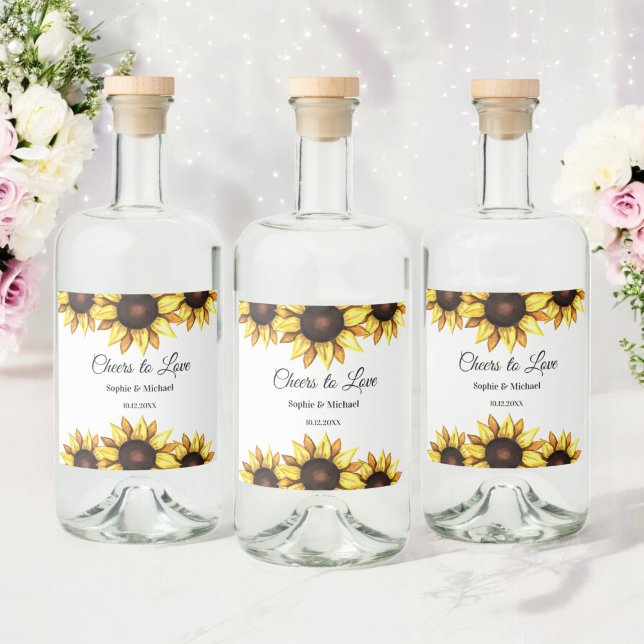 Blommigten Solrosolyckor Bröllop Cheers Spritflaskor Etikett (Skapare uppladdad)