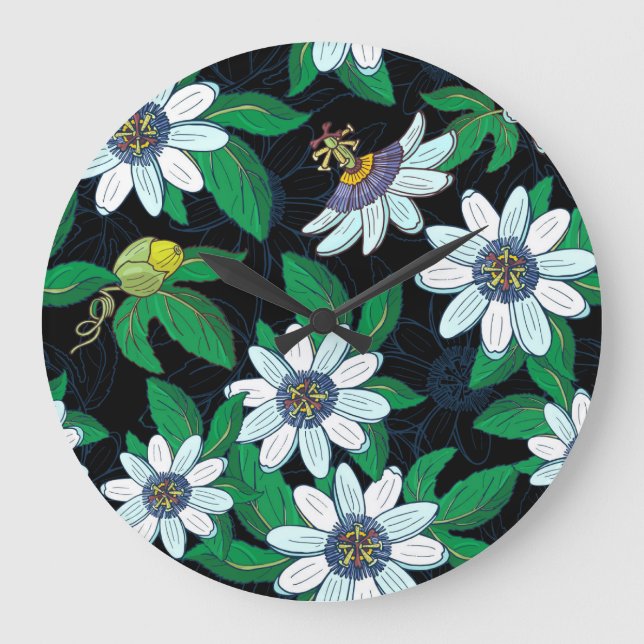 Blommigten Sömlös Passionblomma Black Background Stor Klocka (Framsida)