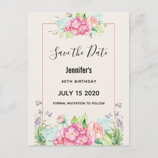 Blommigten Spara datum för den moderna Rosan - vat Inbjudan Vykort (Framsida)