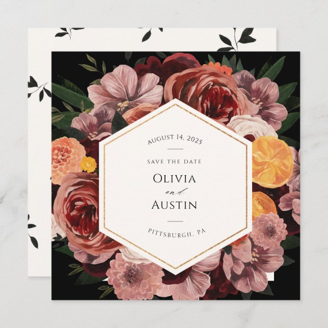 Blommigten Spara datum för höstburgundy Inbjudningar (Fram/baksida)