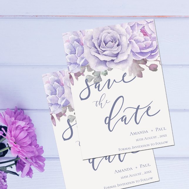 Blommigten Spara datum för  lila vattenfärg Spara Datumet (Purple Watercolor Floral Script wedding Save The Date)