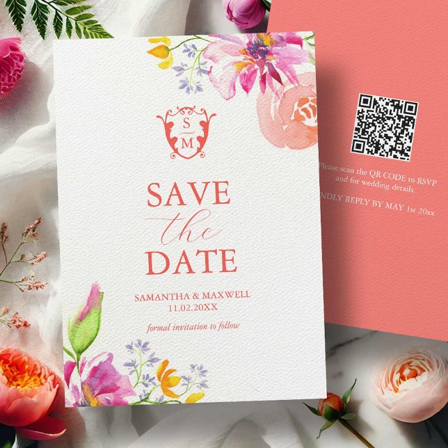 Blommigten Spara datum för vattenfärg Spara Datumet (Bold Floral Blooms watercolor save the date cards art by Victoria Grigaliunas Do Tell A Belle)