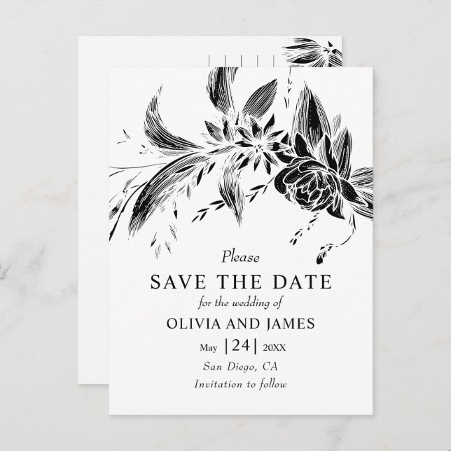 Blommigten Svart och vita blommor Spara datum Vykort (Fram/baksida)