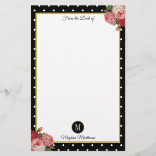 Blommigten Svart Vintage Polka dots Monogram Namn Brevpapper