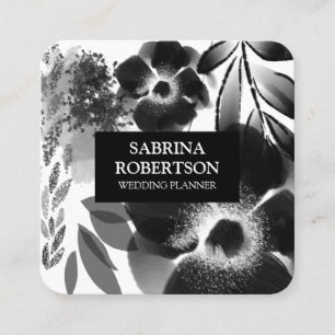 Blommigten Svartvit elegant Fyrkantigt Visitkort