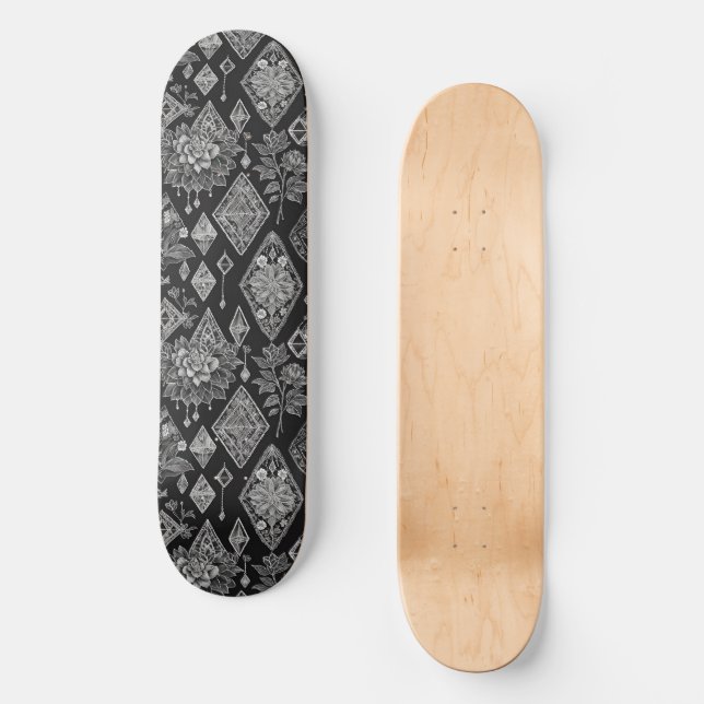 Blommigten Svartvit lacy Diamonds Mini Skateboard Bräda 18,5 Cm (Framsida)
