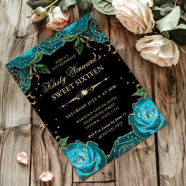 Blommigten Sweet sixteen Teal och Guld Ro Inbjudningar