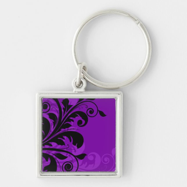 Blommigten Swirls Keychain för lyxLila  Fyrkantig Silverfärgad Nyckelring (Framsidan)