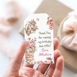 Blommigten Tea Party Rosa Guld Birthday Tack Presentetikett