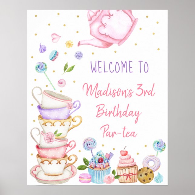 Blommigten Tea Party Rosa Guld Poster (Framsidan)