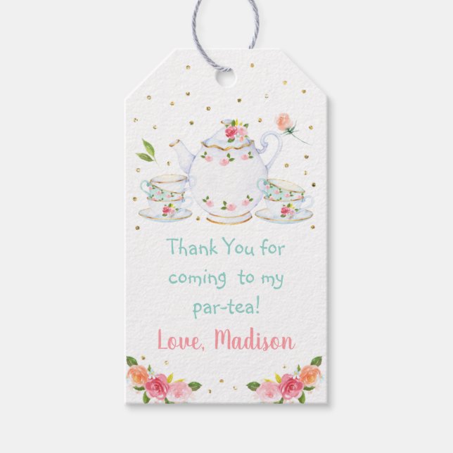 Blommigten Tea Party Rosa Guld Presentetikett (Framsidan)