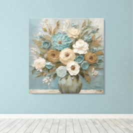 Blommigten Teal Blue Beige Sage Cream Canvastryck