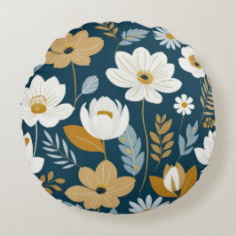 Blommigten Teal, blue och guld Rund Kudde