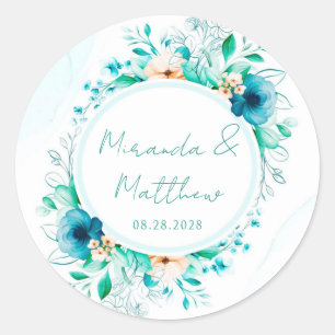 Blommigten Teal Blue Watercolor Geometric Bröllop Runt Klistermärke