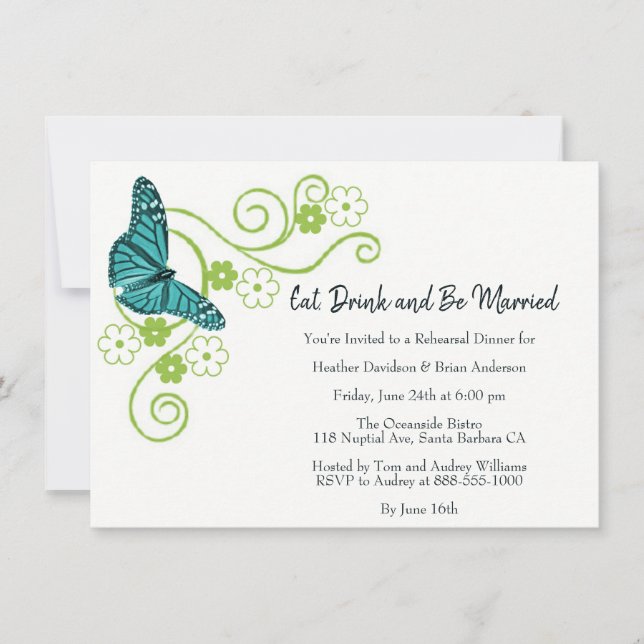 Blommigten Teal Butterfly Rehearsal Dinner Inbjuda Inbjudningar (Framsida)