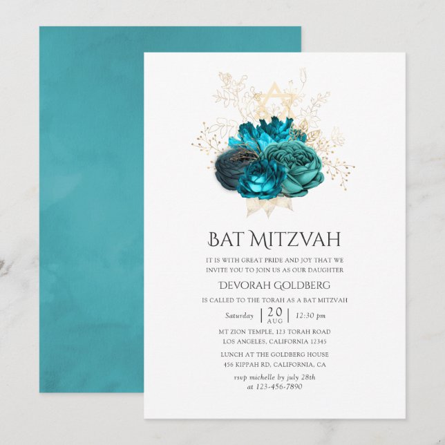 Blommigten Teal och Guld Bat mitzvah Inbjudningar (Fram/baksida)