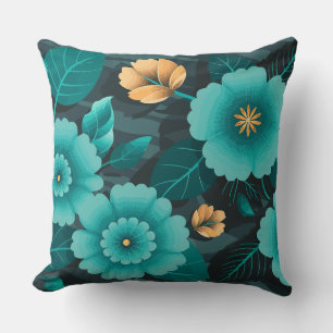 Blommigten Teal och Guld med Mörk grönt Löv Kudde