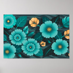 Blommigten Teal och Guld med Mörk grönt Löv Poster